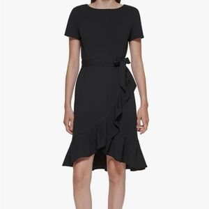 Calvin Klein Black Dress with Tie Waist and Ruffle Skirt - Like New